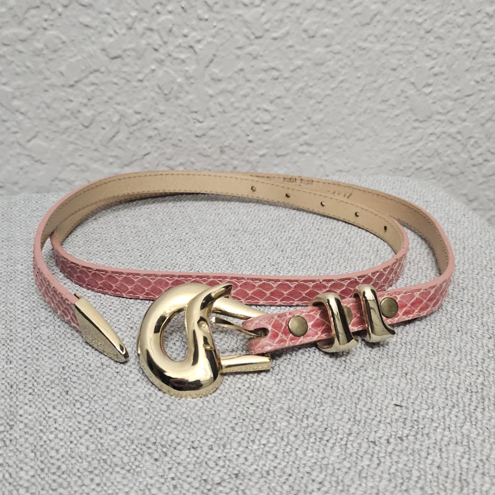 Vintage Genuine Snake Skin Belt Pink Exotic Leather | Gold Hardware Made In USA